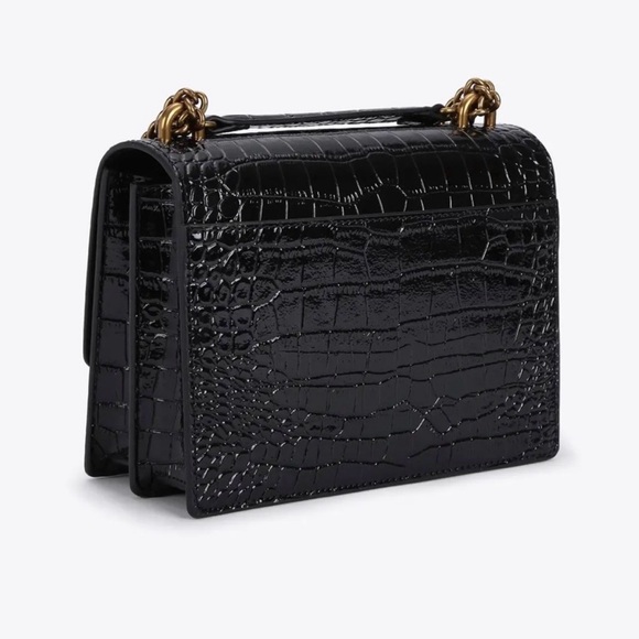Kurt Geiger London Croc-Embossed Leather Shoulder Bag • Gold Chain • Black - Picture 2 of 7